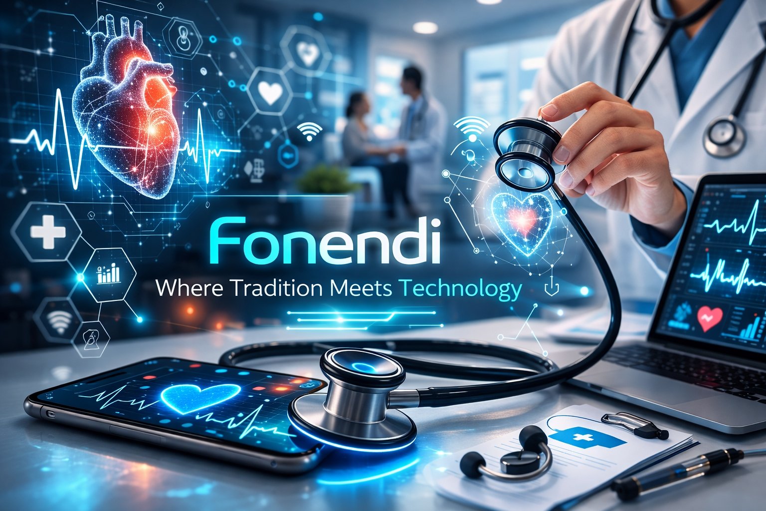 Fonendi digital stethoscope capturing heart and lung sounds in modern healthcare setting
